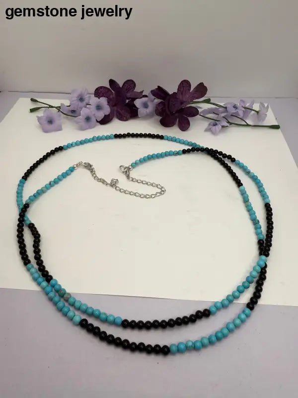 Handmade Turquoise and Black Gemstone Necklace - Necklaces