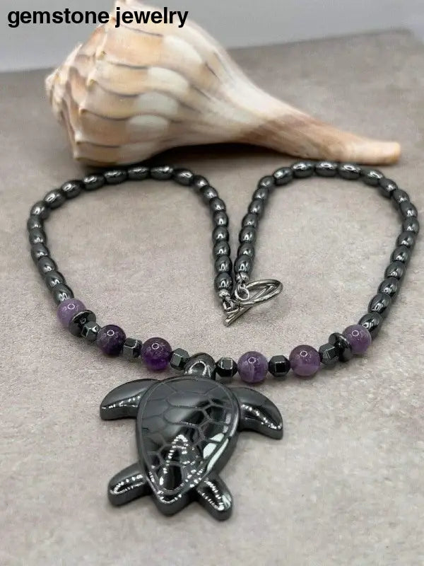 Hematite turtle Pendant Necklace with Amethyst beads, Handcrafted Spiritual Healing Jewelry,Hematite Turtle Necklace, - Bec Sue Jewelry Shop