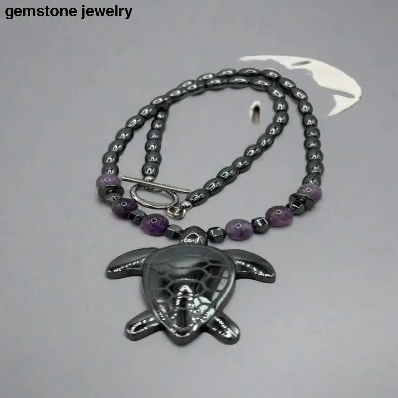 Hematite turtle Pendant Necklace with Amethyst beads, Handcrafted Spiritual Healing Jewelry,Hematite Turtle Necklace, - Bec Sue Jewelry Shop