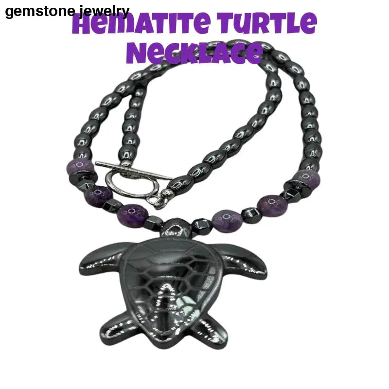 Hematite turtle Pendant Necklace with Amethyst beads, Handcrafted Spiritual Healing Jewelry,Hematite Turtle Necklace, - Bec Sue Jewelry Shop