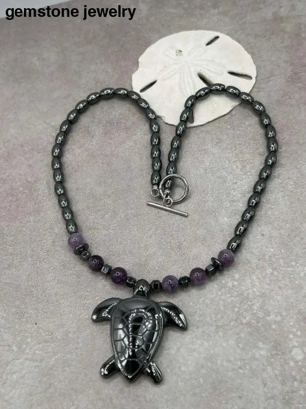 Hematite turtle Pendant Necklace with Amethyst beads, Handcrafted Spiritual Healing Jewelry,Hematite Turtle Necklace, - Bec Sue Jewelry Shop