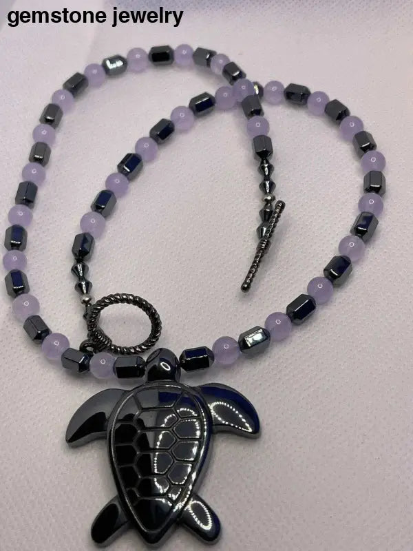 Unique Hematite Turtle Necklace with 8mm Purple Beads - Bec Sue Jewelry Shop