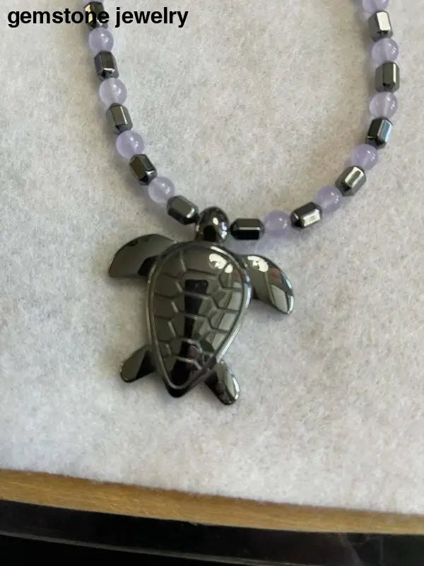 Unique Hematite Turtle Necklace with 8mm Purple Beads - Bec Sue Jewelry Shop