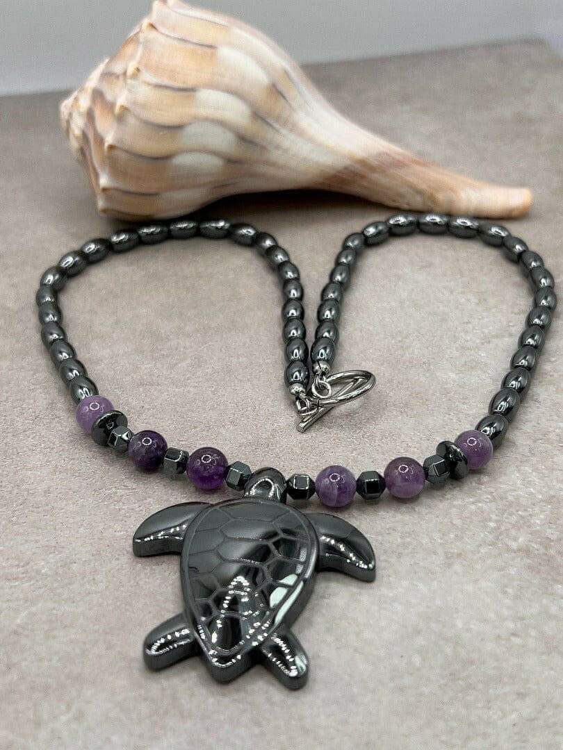 Hematite turtle Pendant Necklace with Amethyst beads, Handcrafted Spiritual Healing Jewelry,Hematite Turtle Necklace, - Bec Sue Jewelry Shop