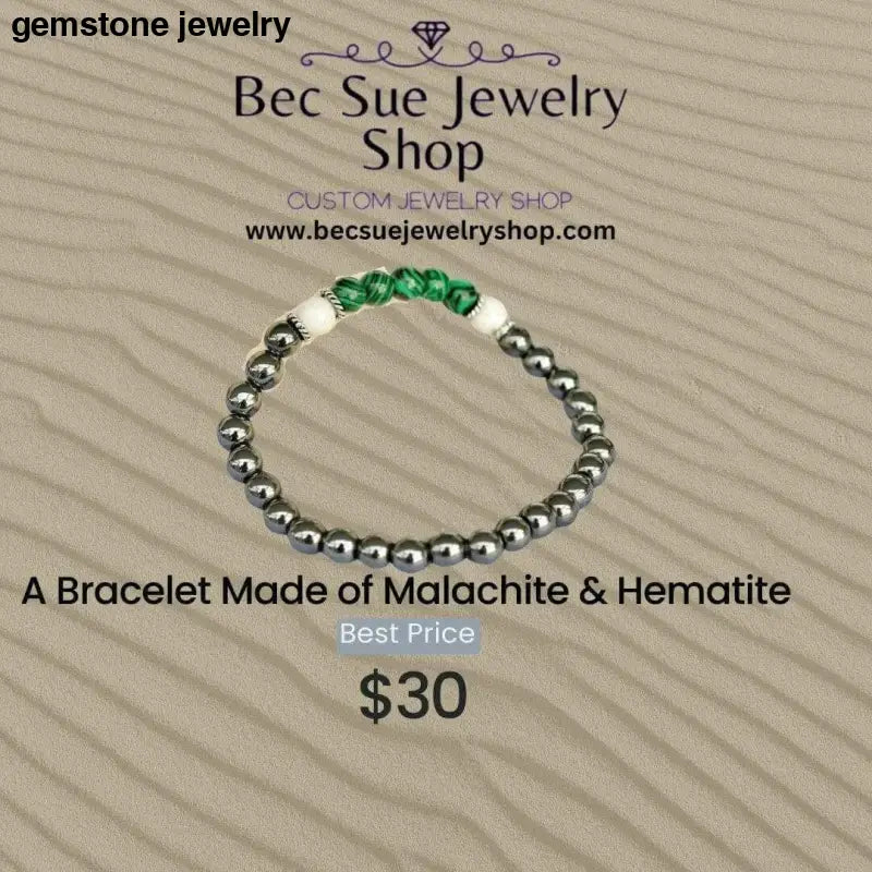 Howlite Gemstone Bracelet, Hematite and malachite Bracelet - Bec Sue Jewelry Shop