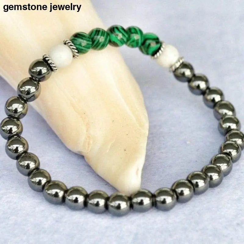 Howlite Gemstone Bracelet, Hematite and malachite Bracelet - Bec Sue Jewelry Shop