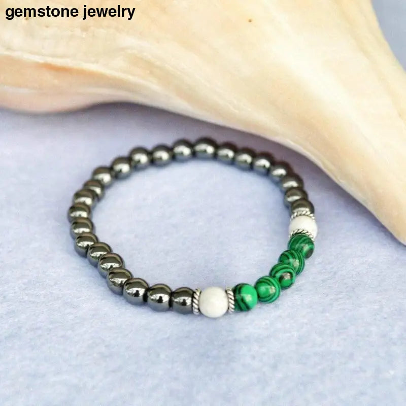 Howlite Gemstone Bracelet, Hematite and malachite Bracelet - Bec Sue Jewelry Shop