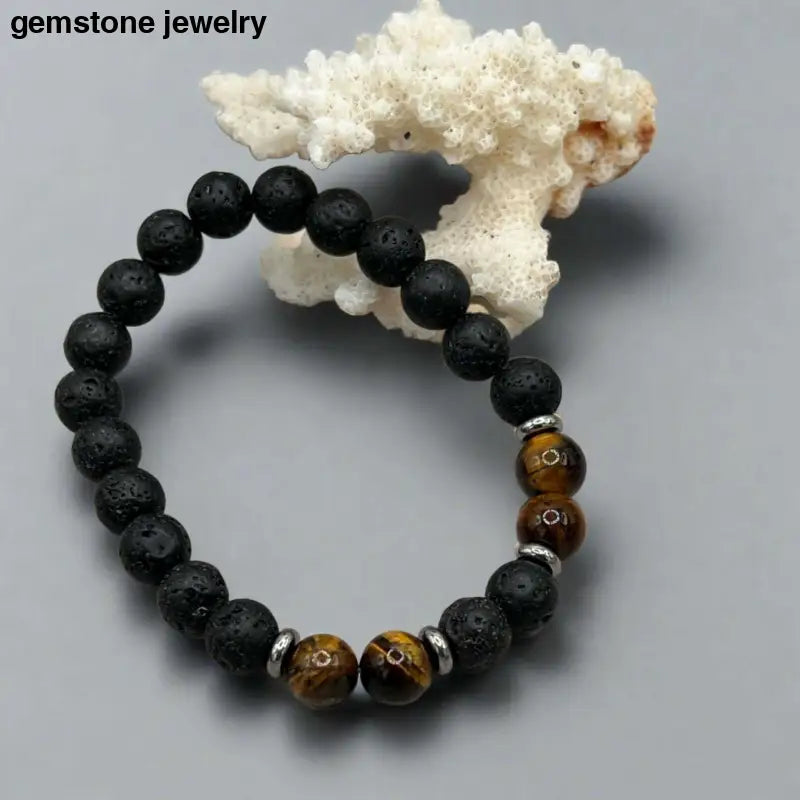 Lava Stone & Tiger Eye Bracelet with Sterling Silver - A Touch of Elegance - Bec Sue Jewelry Shop