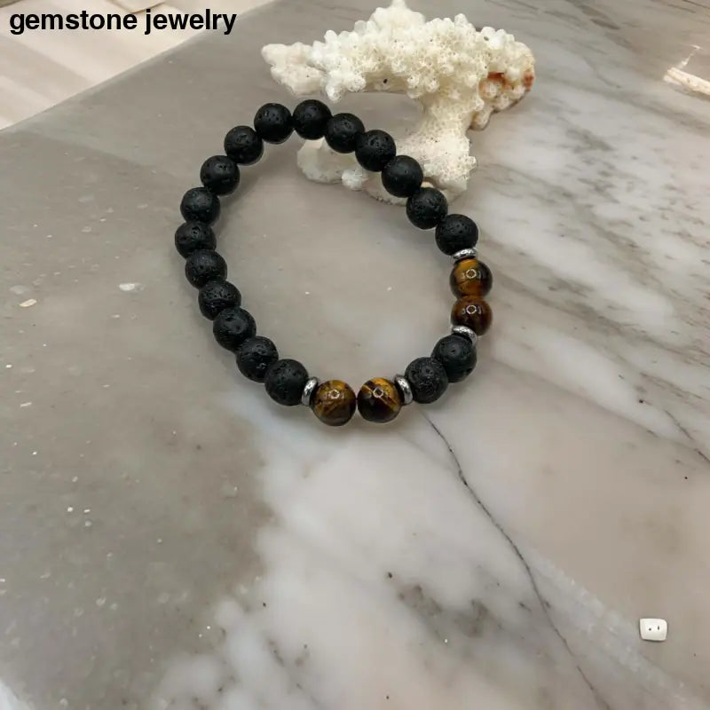 Lava Stone & Tiger Eye Bracelet with Sterling Silver - A Touch of Elegance - Bec Sue Jewelry Shop