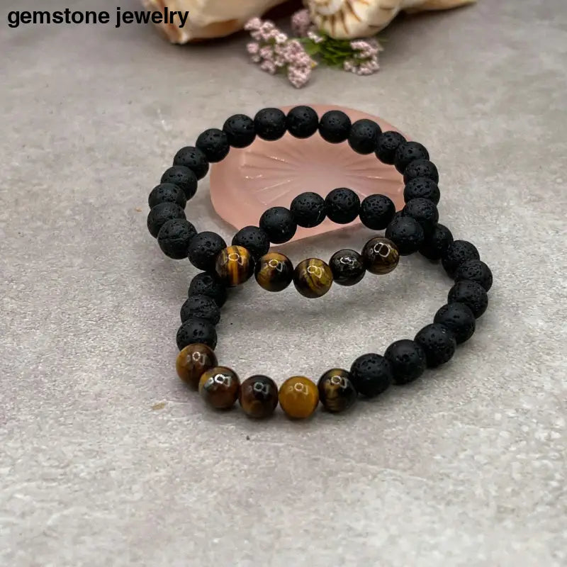 Lava Stone Bracelet for men, Lava Stone & Tiger Eye Bracelet - Bec Sue Jewelry Shop