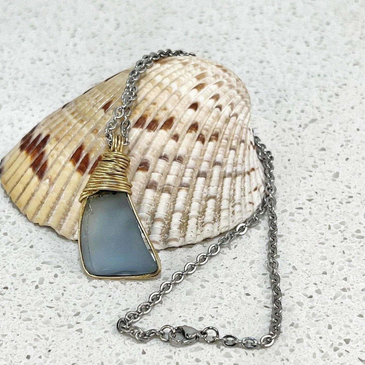 Men's Sea Glass Necklace, Sterling Silver Sea Glass Pendant, Sterling Silver Blue Sea Glass - Bec Sue Jewelry Shop