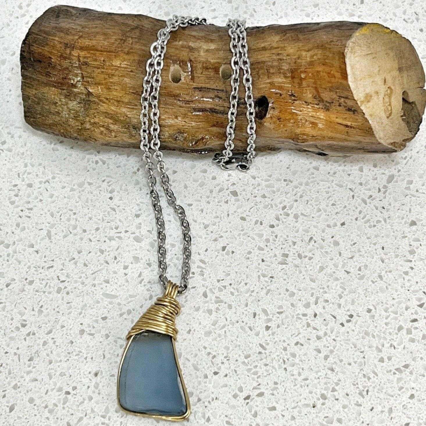 Men's Sea Glass Necklace, Sterling Silver Sea Glass Pendant, Sterling Silver Blue Sea Glass - Bec Sue Jewelry Shop