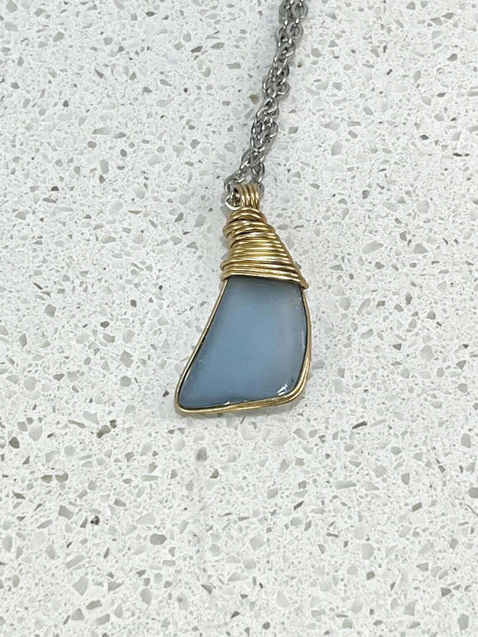 Men's Sea Glass Necklace, Sterling Silver Sea Glass Pendant, Sterling Silver Blue Sea Glass - Bec Sue Jewelry Shop