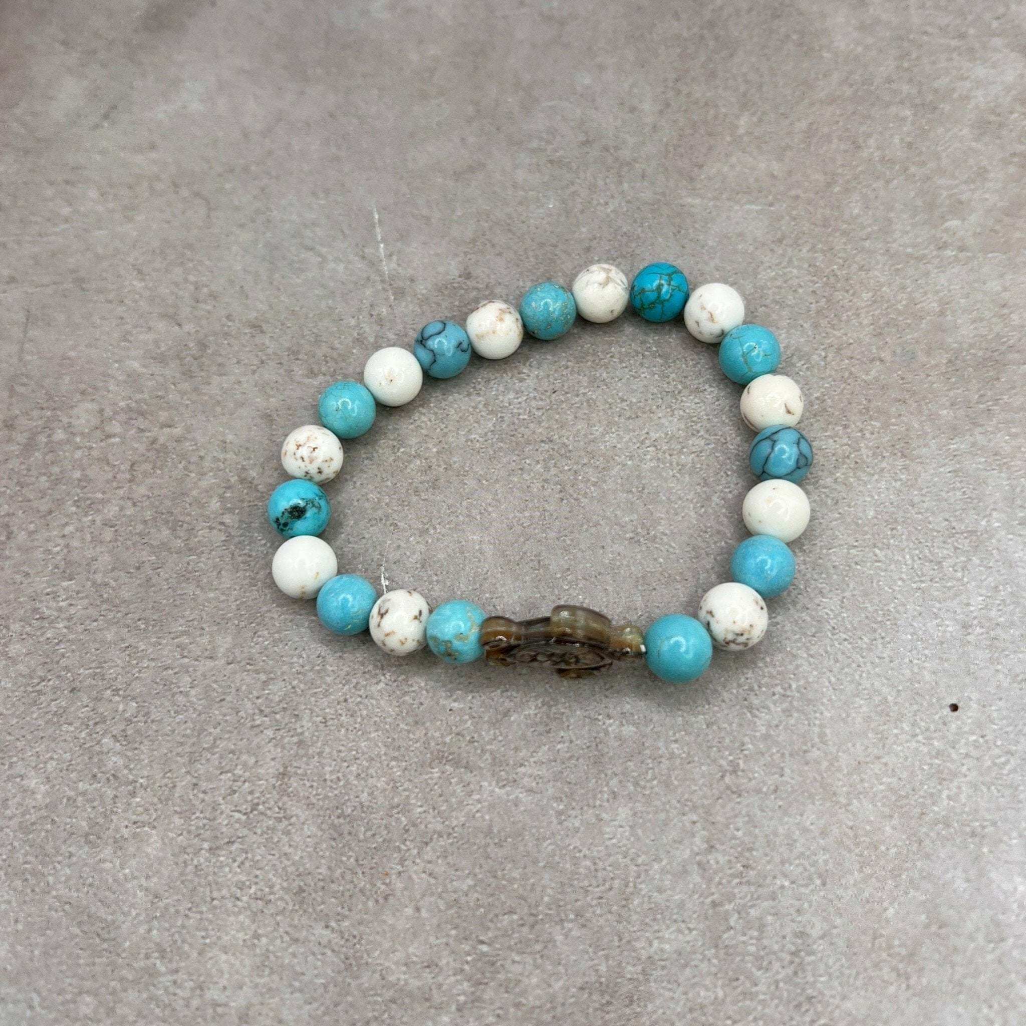 One - of - a - kind Turquoise Blue Turtle Bracelet with 8mm Beads and Pearl Turtle Charm - Bec Sue Jewelry Shop