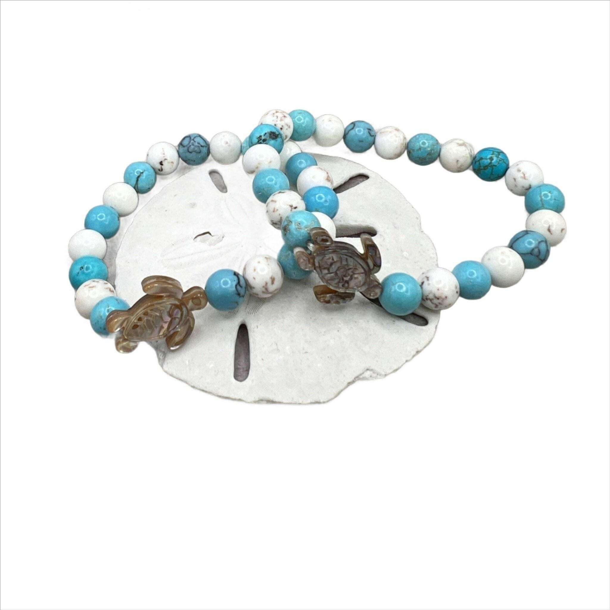 One - of - a - kind Turquoise Blue Turtle Bracelet with 8mm Beads and Pearl Turtle Charm - Bec Sue Jewelry Shop