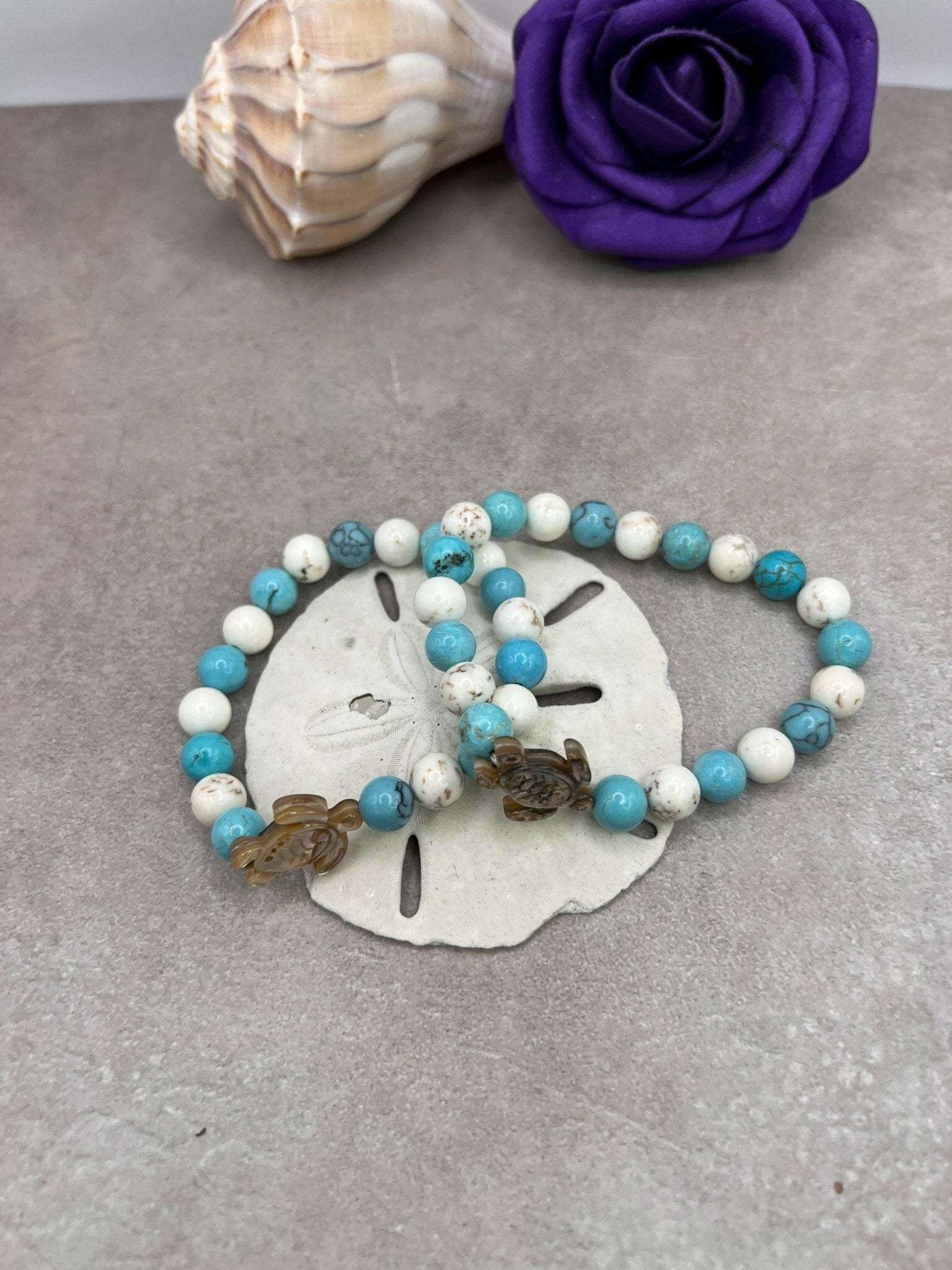 One - of - a - kind Turquoise Blue Turtle Bracelet with 8mm Beads and Pearl Turtle Charm - Bec Sue Jewelry Shop