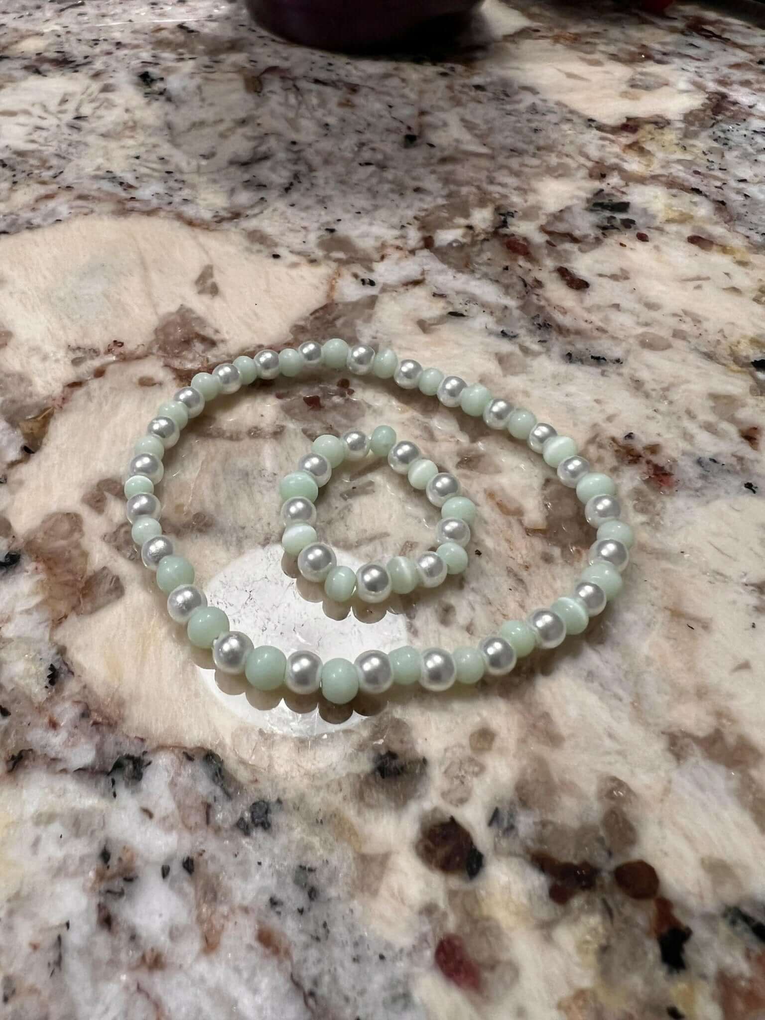 Pearl Bead Ring and Matching Bracelet, Green Cats Eye Bracelet - Bec Sue Jewelry Shop