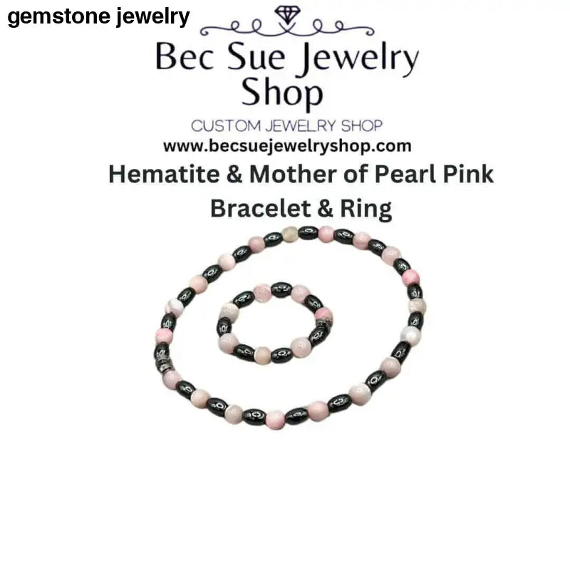 Hematite Bracelet Matching Ring, Mother of Pearl pink, Bracelet and Bead Ring matching - Bec Sue Jewelry Shop