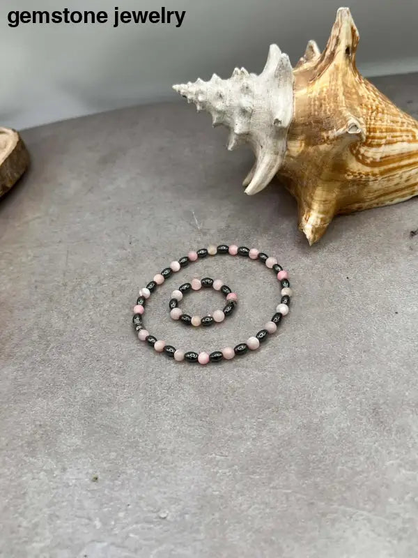 Hematite Bracelet Matching Ring, Mother of Pearl pink, Bracelet and Bead Ring matching - Bec Sue Jewelry Shop