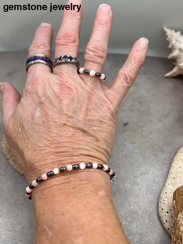 Hematite Bracelet Matching Ring, Mother of Pearl pink, Bracelet and Bead Ring matching - Bec Sue Jewelry Shop