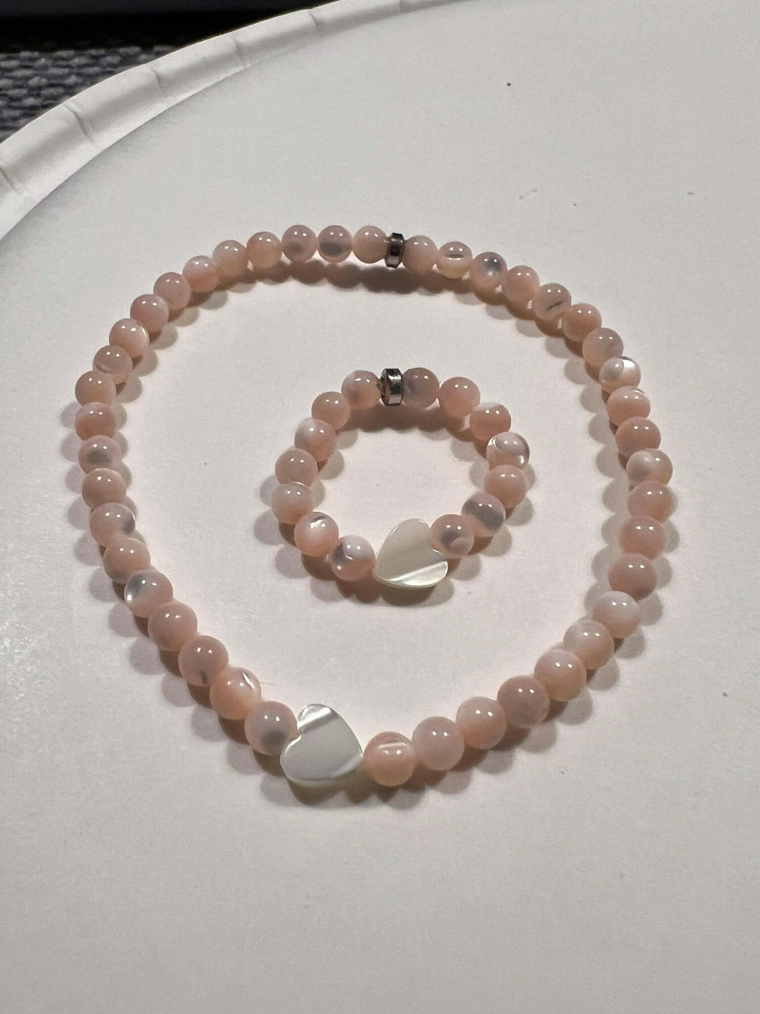 Pink Pearl bracelet for women, Mother of Pearl & white Pearl Heart Bracelet and Ring - Bec Sue Jewelry Shop