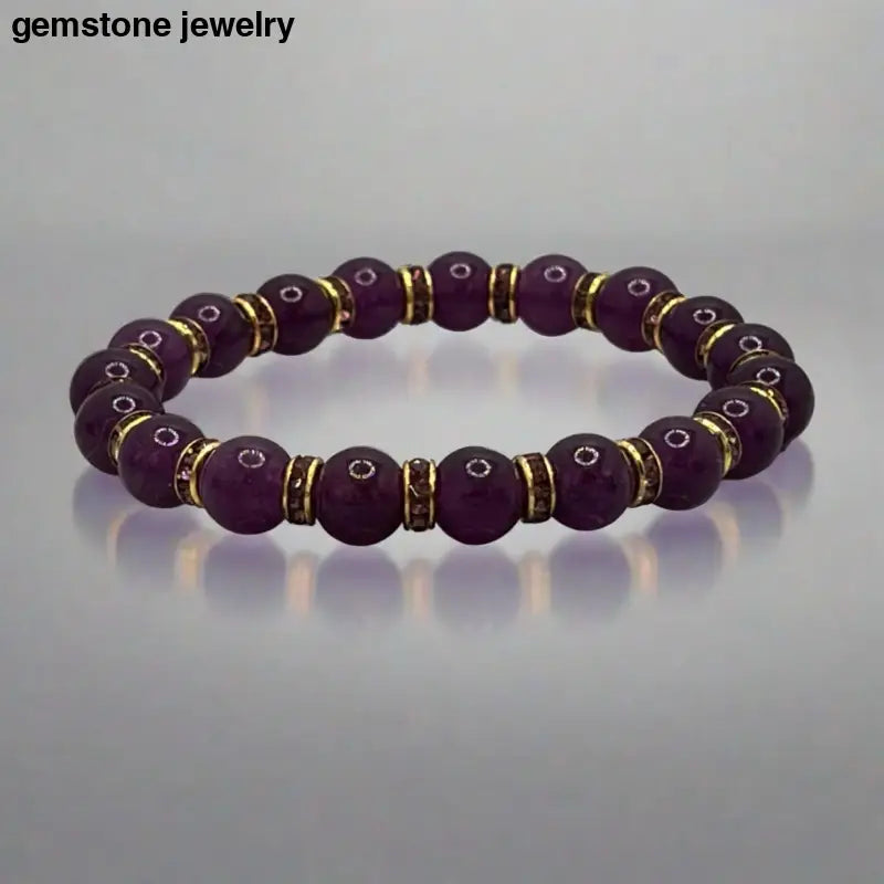 Luxurious Amethyst & Purple Gold Rhinestone Stretch Bracelet - 8mm Beaded Elegance - Bec Sue Jewelry Shop