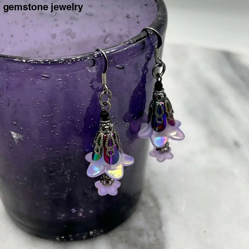 Purple Dangling Flower Earrings, Crystal Dangle Earrings - Bec Sue Jewelry Shop