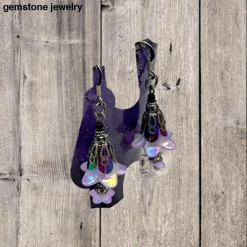 Purple Dangling Flower Earrings, Crystal Dangle Earrings - Bec Sue Jewelry Shop