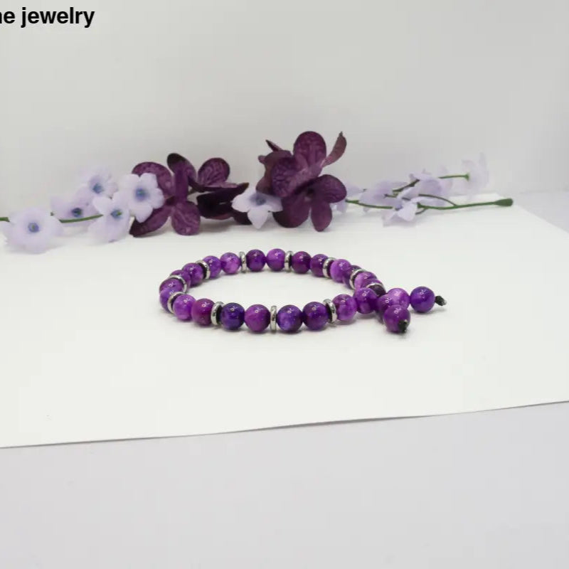 Purple Sugilite Gemstone Bracelet with 8mm Round Stones - Purple, silver