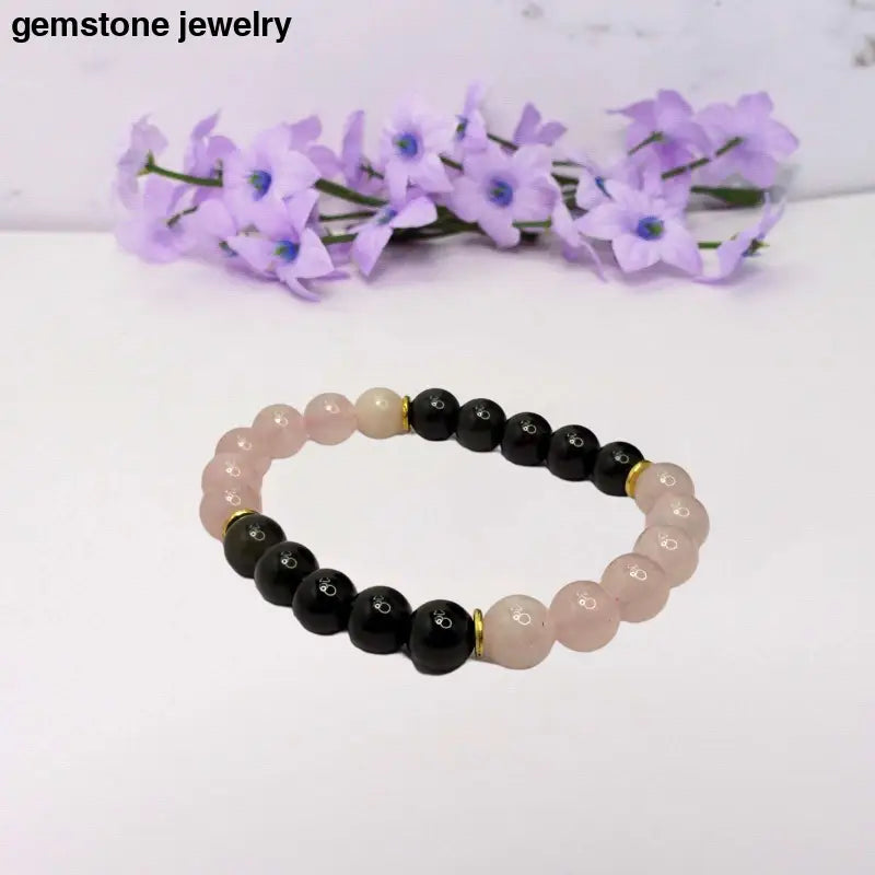 Handcrafted Rose Quartz & Obsidian Bead Bracelet with Gold Spacers - 6.5 / black/pink / rose quartz/obsidian - chakra