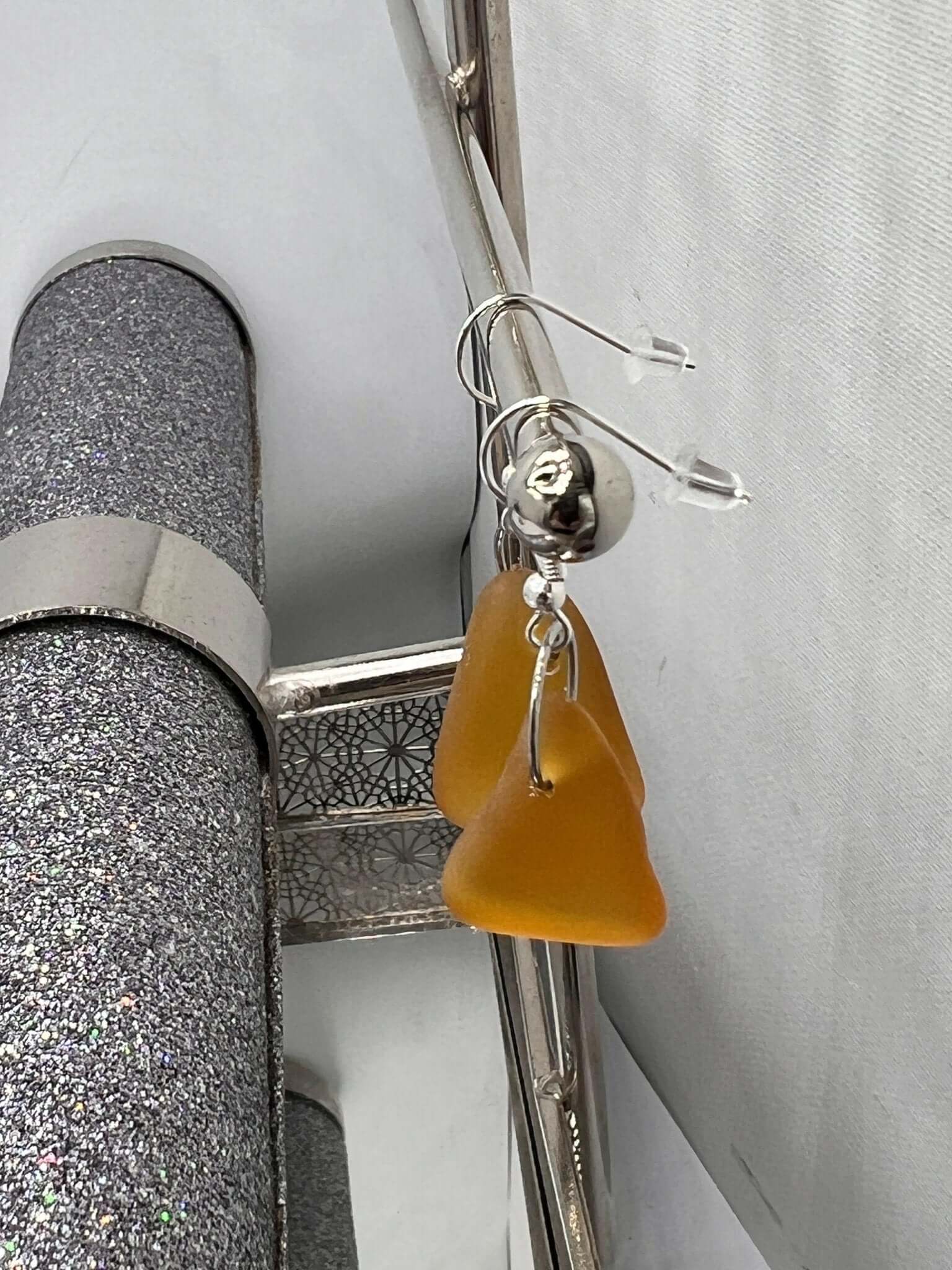 Sea Glass Art Amber Earrings, Amber Glass Earrings, Dangling glass earrings - Bec Sue Jewelry Shop