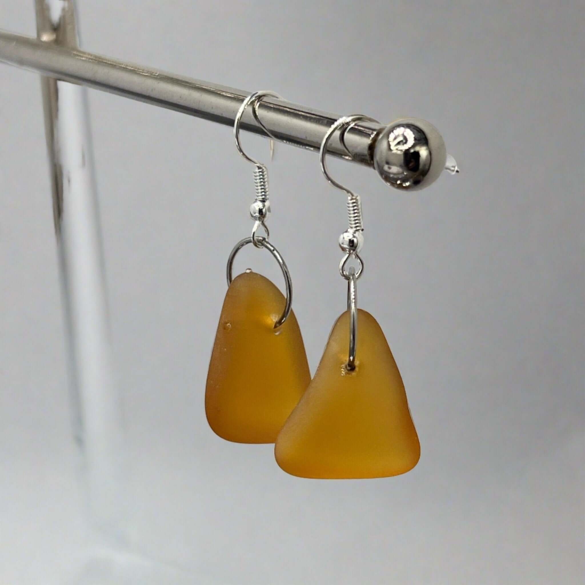 Sea Glass Art Amber Earrings, Amber Glass Earrings, Dangling glass earrings - Bec Sue Jewelry Shop