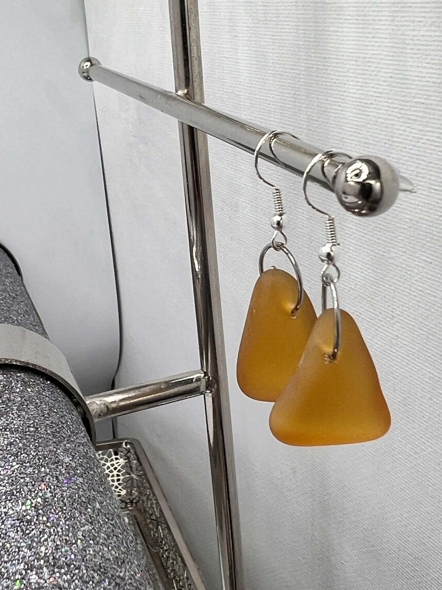 Sea Glass Art Amber Earrings, Amber Glass Earrings, Dangling glass earrings - Bec Sue Jewelry Shop