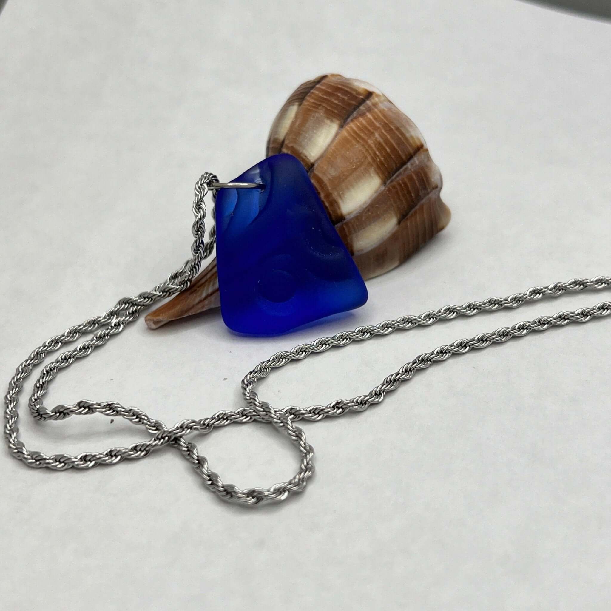 Sea Glass Art, Blue Glass Pendant, Twisted Stainless Steel chain, glass necklace - Bec Sue Jewelry Shop