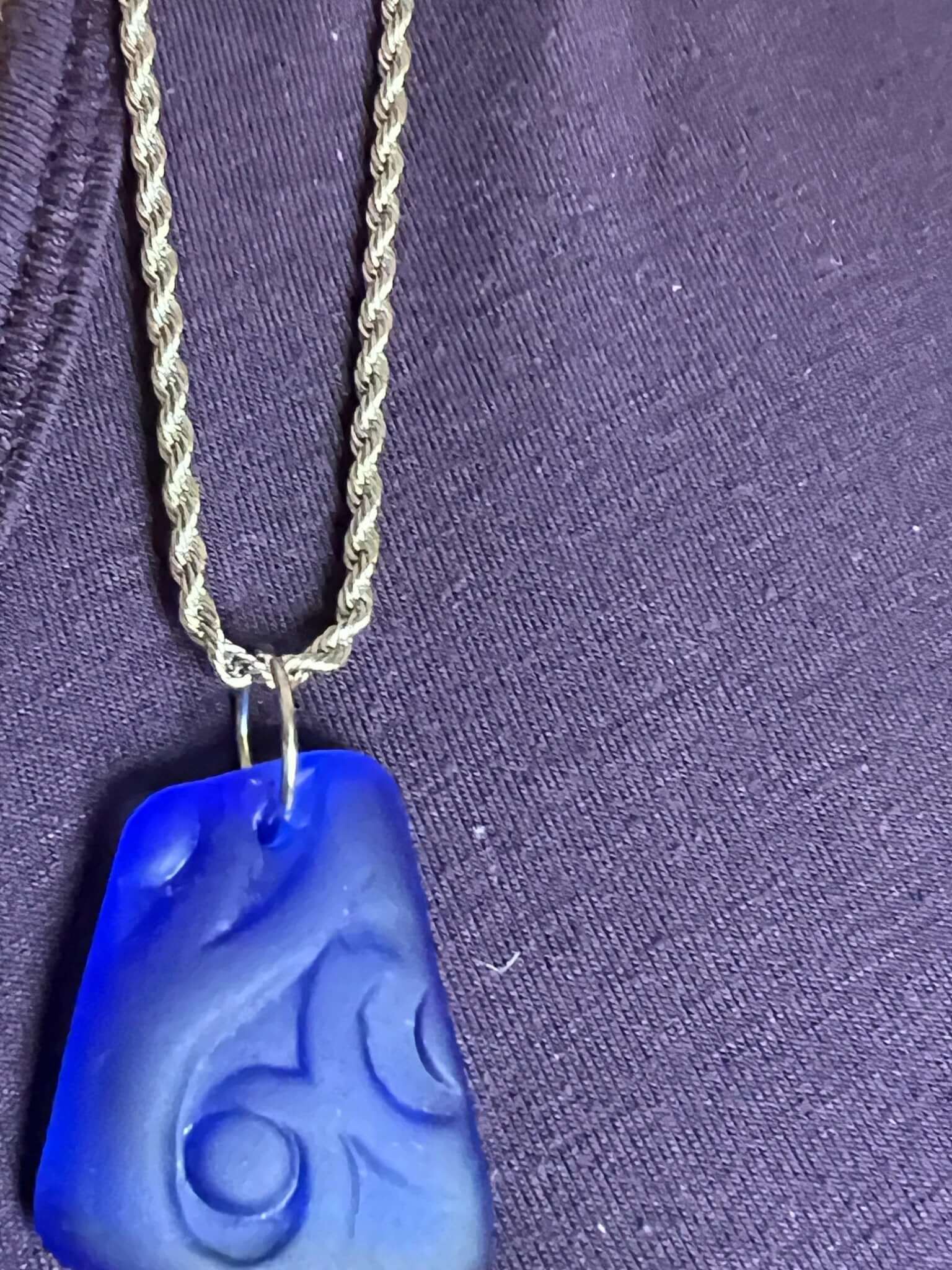 Sea Glass Art, Blue Glass Pendant, Twisted Stainless Steel chain, glass necklace - Bec Sue Jewelry Shop