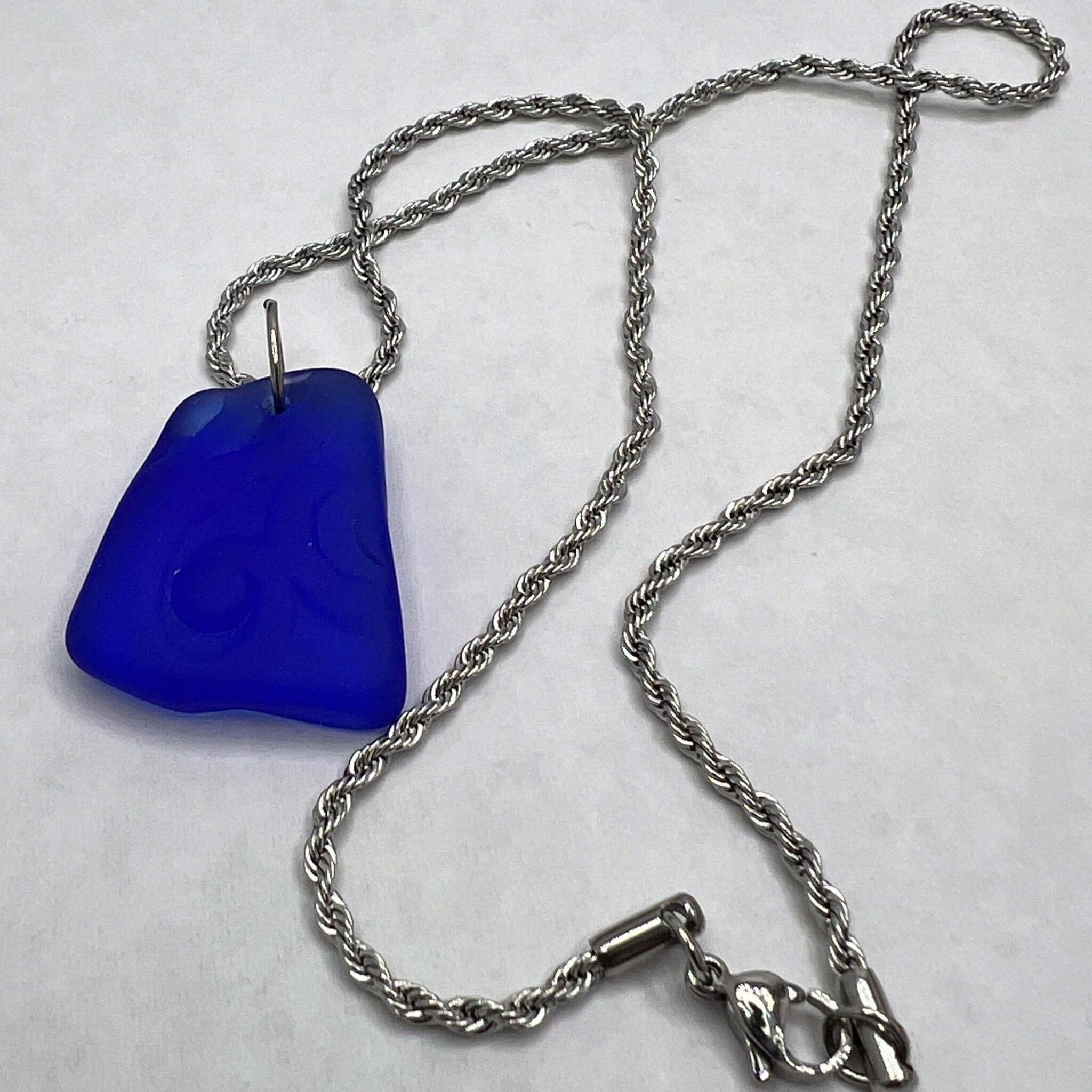 Sea Glass Art, Blue Glass Pendant, Twisted Stainless Steel chain, glass necklace - Bec Sue Jewelry Shop