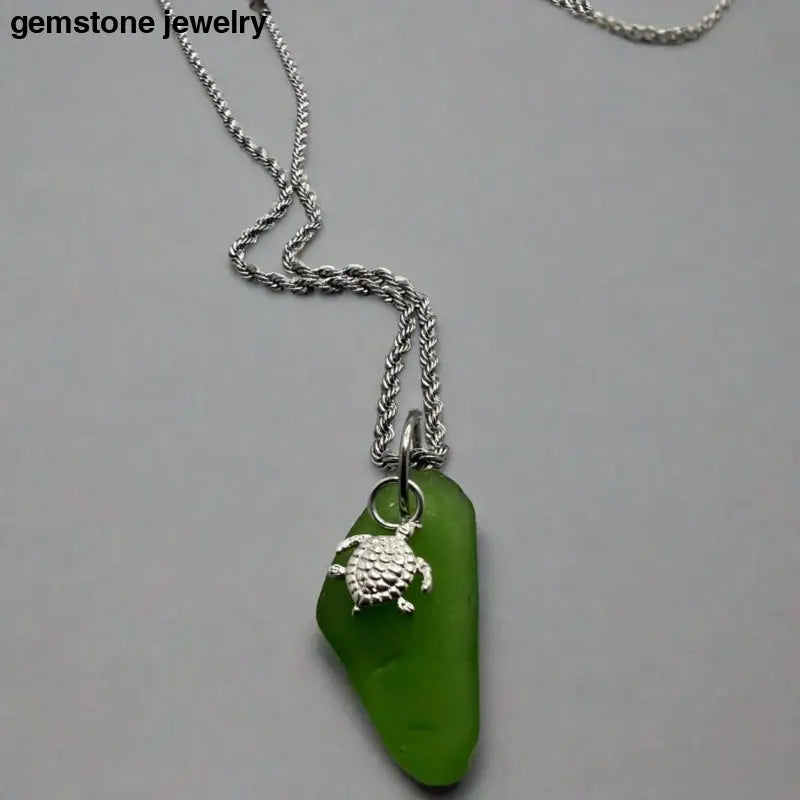 Sea Glass Art, Genuine Sea Glass Turtle Necklace, Sterling Silver Turtle, Chain Necklace - Bec Sue Jewelry Shop