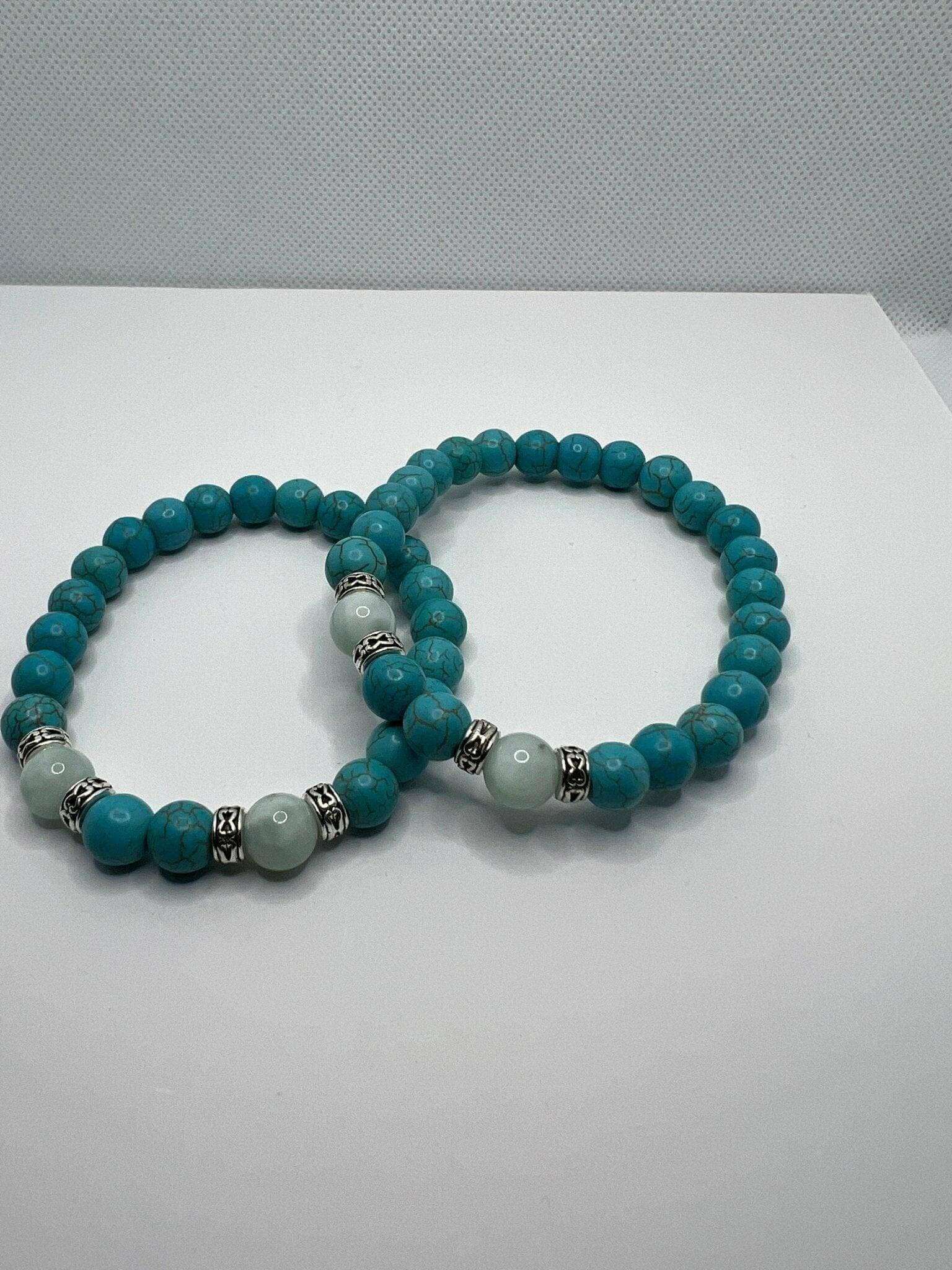 Serene Harmony: 8mm Turquoise and Green Angelite Stretch Bracelet with Antique Silver Accents - Bec Sue Jewelry Shop