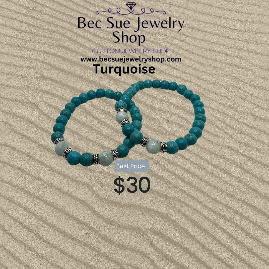 Serene Harmony: 8mm Turquoise and Green Angelite Stretch Bracelet with Antique Silver Accents - Bec Sue Jewelry Shop