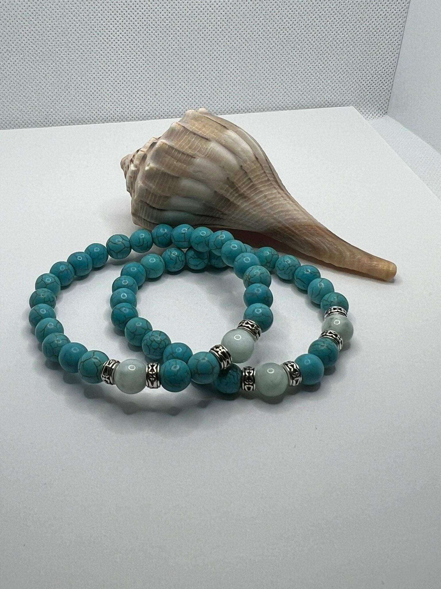 Serene Harmony: 8mm Turquoise and Green Angelite Stretch Bracelet with Antique Silver Accents - Bec Sue Jewelry Shop