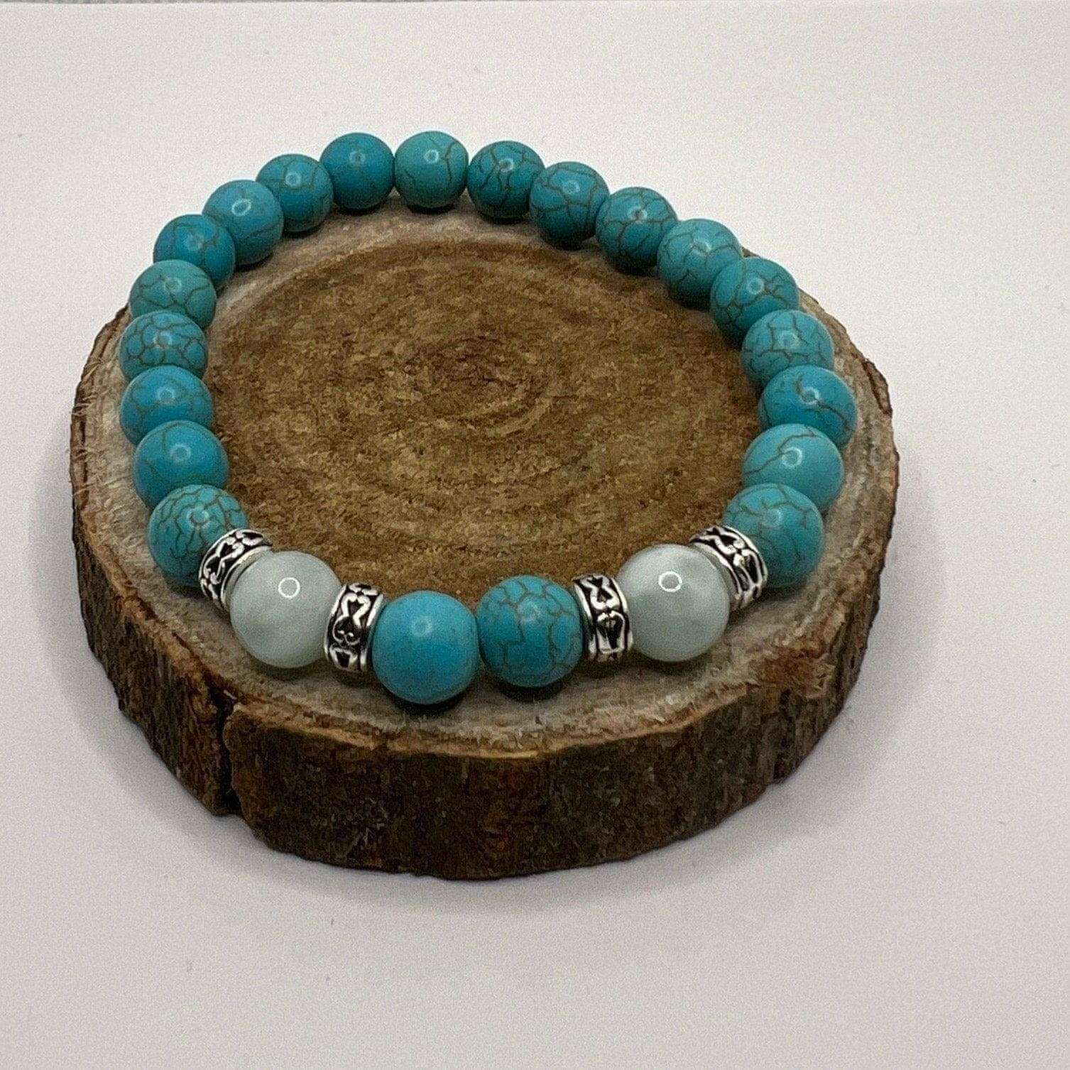 Serene Harmony: 8mm Turquoise and Green Angelite Stretch Bracelet with Antique Silver Accents - Bec Sue Jewelry Shop