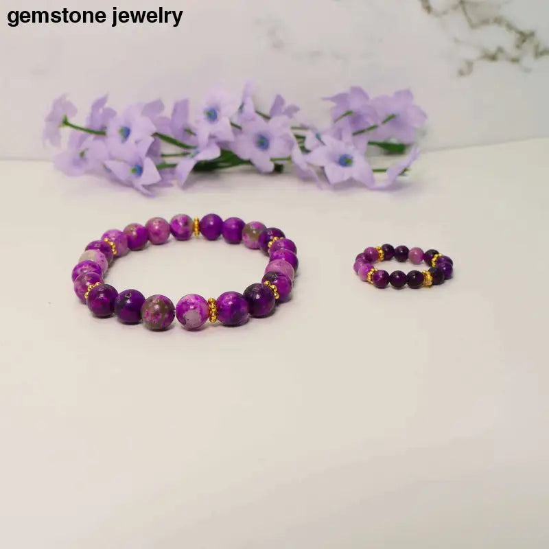 8mm Bead Stretch Bracelet Sugilite Bracelet- Stylish Serenity - 6.5/7 / purple/gold / sugilite and gold spacers