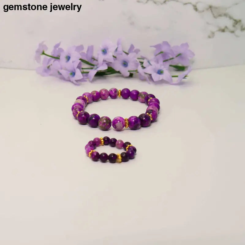 8mm Bead Stretch Bracelet Sugilite Bracelet- Stylish Serenity - 6.5/7 / purple/gold / sugilite and gold spacers