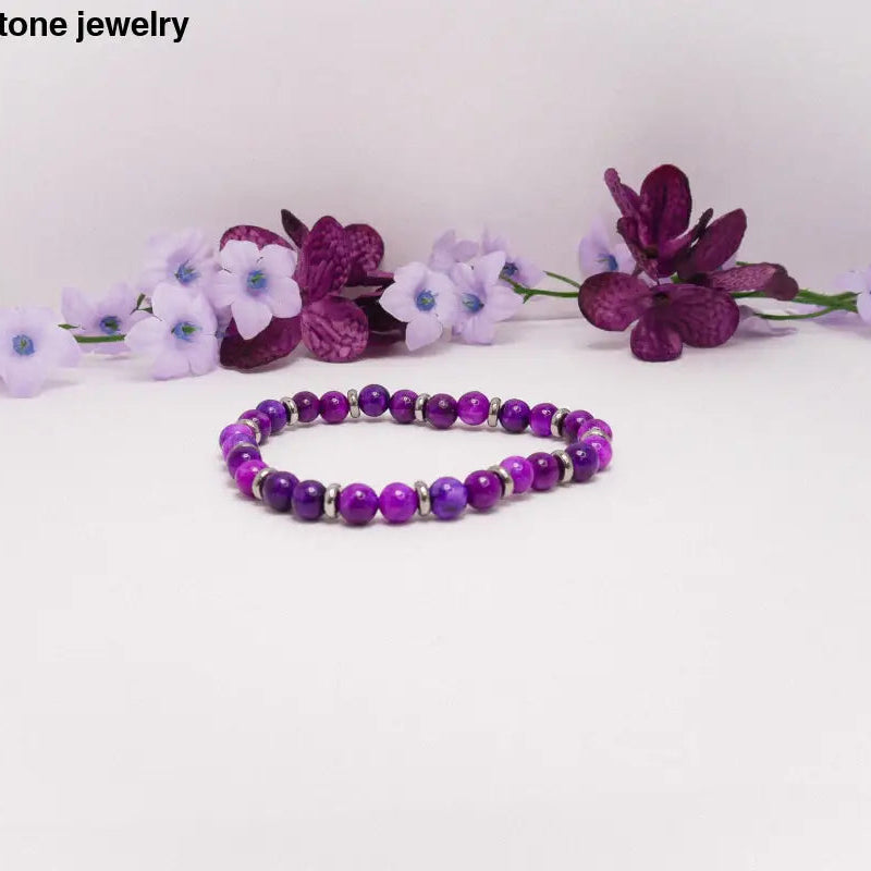 Sugilite 6mm Beaded Bracelet with Stainless Steel Spacers - 7 - bracelets