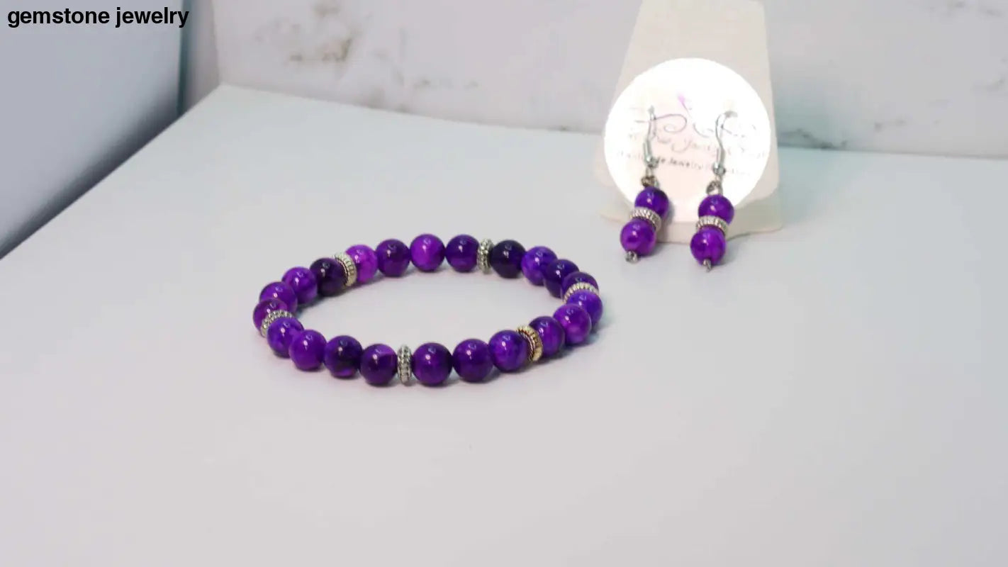 Sugilite Jewelry Set: Handcrafted Sugilite 8mm Bead Bracelet Earrings and Necklace - 6.5 / sugilite/silver spacers