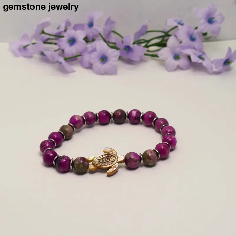 Turtle Bracelet Sugilite Bracelet with 8mm Healing Beads & Stainless Steel Spacers - 6.5 - bracelets