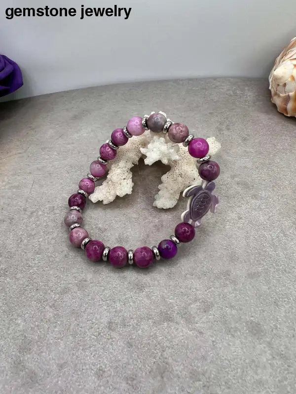 Turtle Bracelet, Sugilite Turtle Bracelet with 8mm Healing Beads & Stainless Steel Spacers - Bec Sue Jewelry Shop