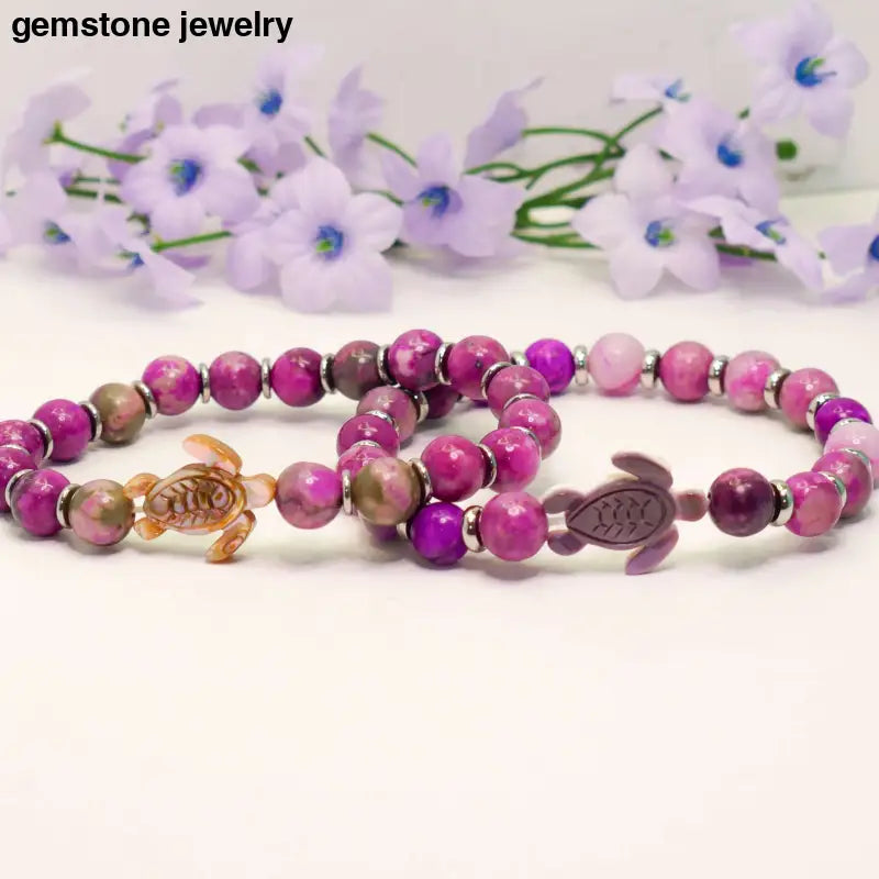 Turtle Bracelet Sugilite Bracelet with 8mm Healing Beads & Stainless Steel Spacers - bracelets