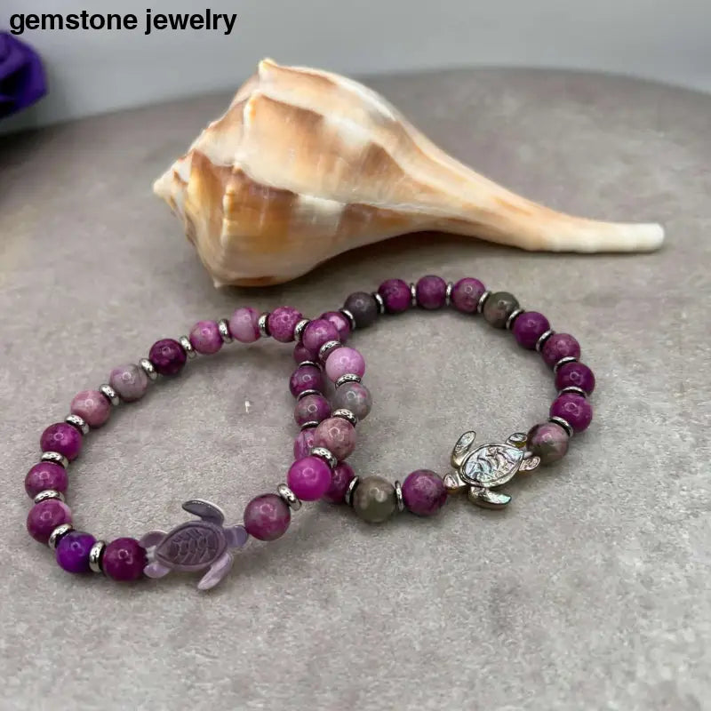 Turtle Bracelet, Sugilite Turtle Bracelet with 8mm Healing Beads & Stainless Steel Spacers - Bec Sue Jewelry Shop