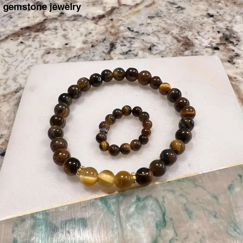 Tiger Eye Bracelet and Ring Set, 6mm beaded Gemstone Ensemble - Bec Sue Jewelry Shop